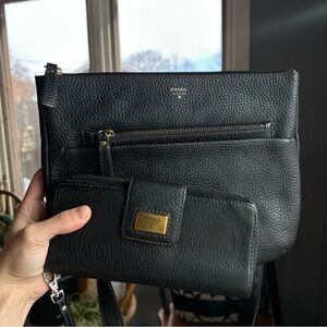 Fossil Black Leather Crossbody Shoulder Bag And Wallet Wristlet Set